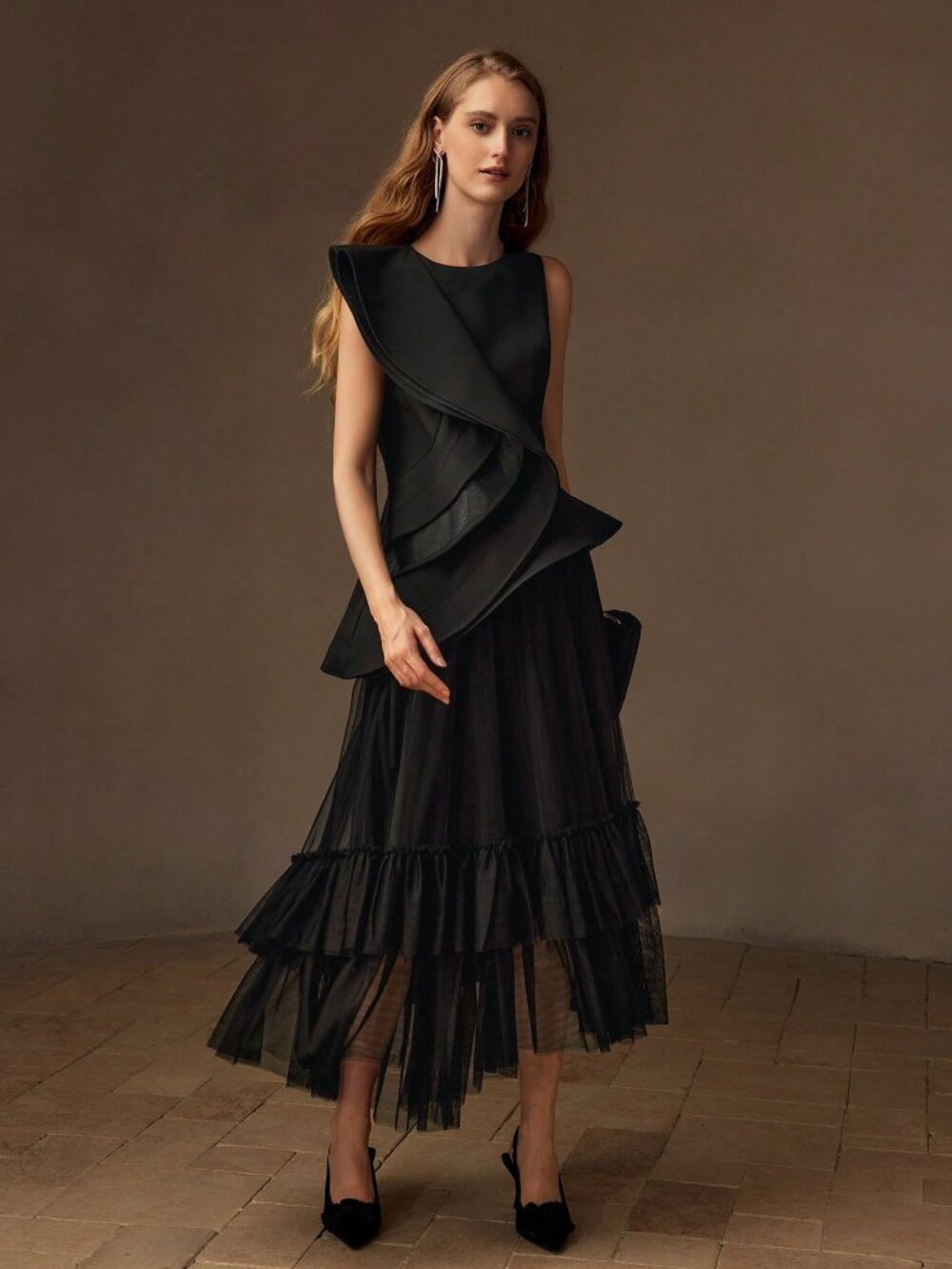 Black Elegant Women's Premium Layered Ruffle Trim Asymmetrical Hem Peplum Top - Picture 2 of 10